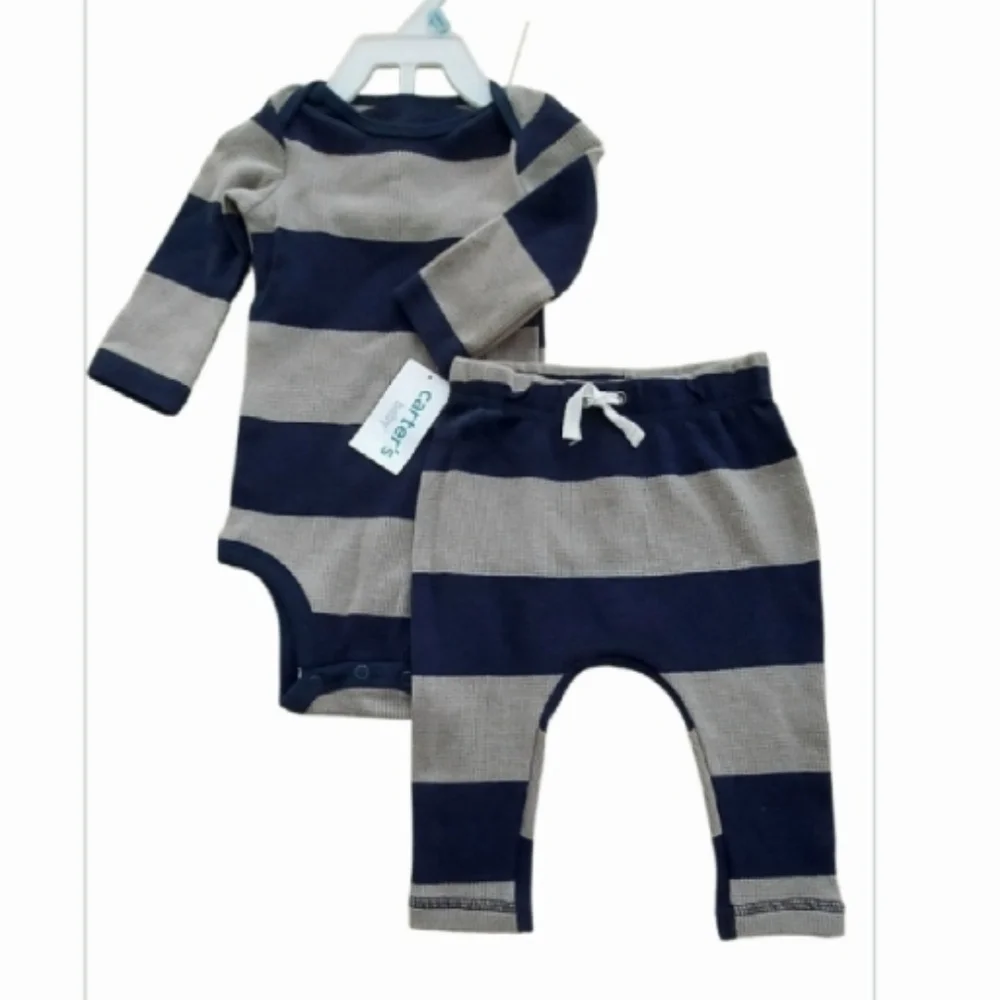 NWT  Carter's Baby 2-Piece Navy Stripe Waffle Knit Bodysuit Pant Set - ~sz 6M